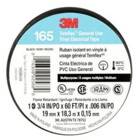 3/4" x 60' x 6 Mil, 600 V, 3M 165BK4A Temflex™ Electrical Tape, Black