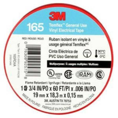 3/4" x 60' x 6 Mil, 600 V, 3M 165RD4A Temflex™ Electrical Tape, Red