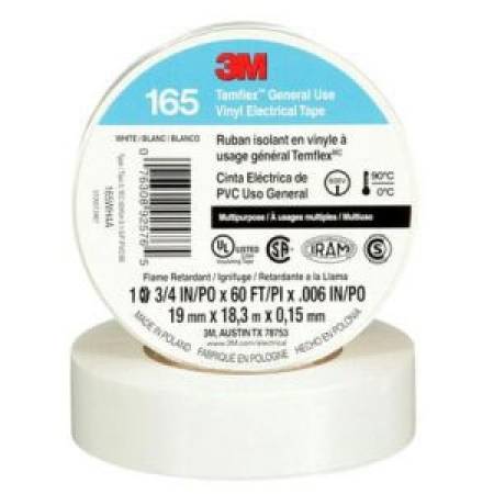 3/4" x 60' x 6 Mil, 600 V, 3M 165WH4A Temflex™ Electrical Tape, White