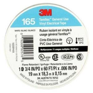 3/4" x 60' x 6 Mil, 600 V, 3M 165WH4A Temflex™ Electrical Tape, White