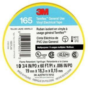3/4" x 60' x 6 Mil, 600 V, 3M 165YL4A Temflex™ Electrical Tape, Yellow