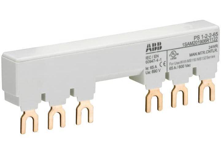 ABB PS1-2-2-65 Busbar With (2) Auxiliary Contact, For Use With MS116/MS132/MO132 Manual Motor Protector, 2-Position, Fork Connection, 3-Phase, 690 VAC/250 VDC, 65 A