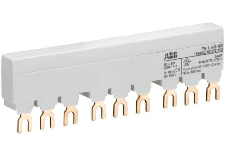 ABB PS1-3-0-100 Busbar, For Use With MS116/MS132/MO132 Manual Motor Protector, 3-Position, 9-Pole, Fork Connection, 3-Phase, 690 VAC/250 VDC, 92 A
