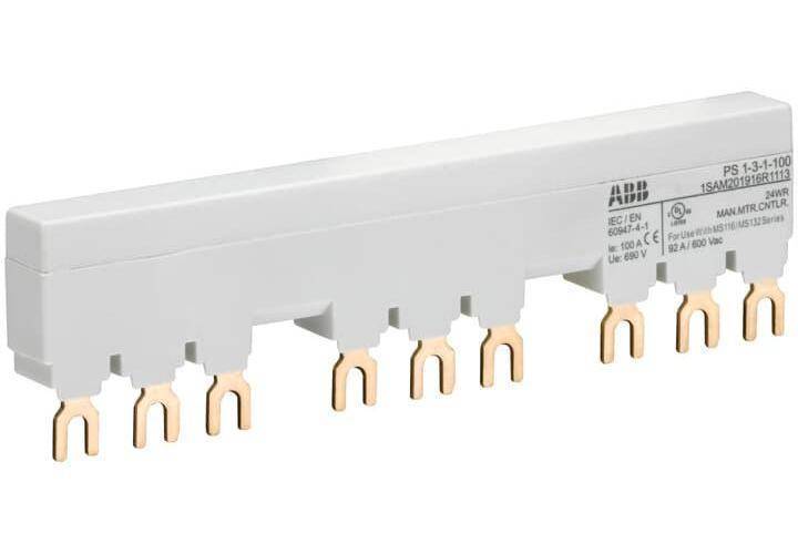 ABB PS1-3-1-100 Busbar With (1) Auxiliary Contact, For Use With MS116/MS132/MO132 Manual Motor Protector, 3-Position, 9-Pole, Fork Connection, 3-Phase, 690 VAC/250 VDC, 92 A