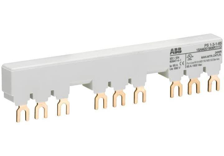ABB PS1-3-1-65 Busbar With (1) Auxiliary Contact, For Use With MS116/MS132/MO132 Manual Motor Protector, 3-Position, 9-Pole, Fork Connection, 3-Phase, 690 VAC/250 VDC, 65 A