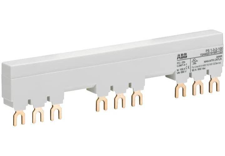 ABB PS1-3-2-100 Busbar With (2) Auxiliary Contact, For Use With MS116/MS132/MO132 Manual Motor Protector, 3-Position, 9-Pole, Fork Connection, 3-Phase, 690 VAC/250 VDC, 92 A