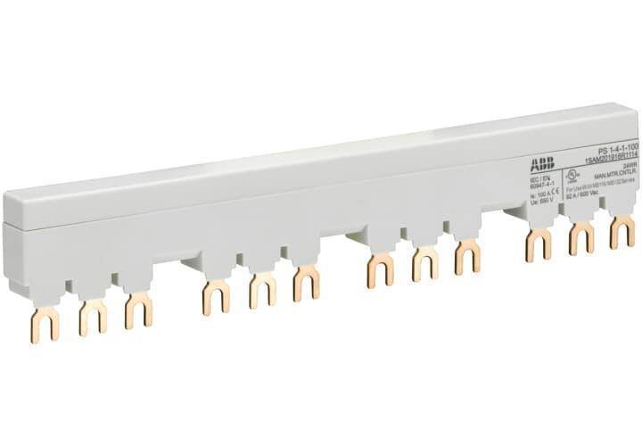 ABB PS1-4-1-100 Busbar With (1) Auxiliary Contact, For Use With MS116/MS132/MO132 Manual Motor Protector, 4-Position, Fork Connection, 3-Phase, 690 VAC/250 VDC, 92 A