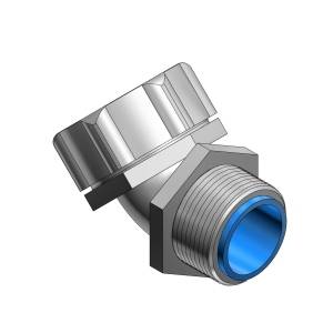 T&B® Industrial Fitting 7345 5200/5300 Dusttight Insulated Watertight Conduit Connector With PG Thread, 1 in Trade, 45 deg, Nylon/Steel, Chromate Coated