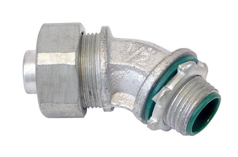 Allied Tube & Conduit LT30045KON Non-Insulated Standard Liquid Tight Connector, 3 in Trade, 45 deg, Malleable Iron, Zinc Plated