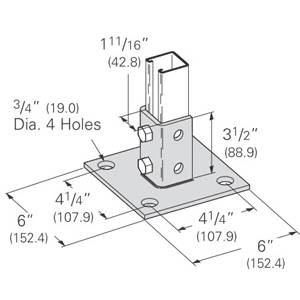 B-Line B280SQZN Type U Square Post Base, 1 Channel, Centered Channel Position, 3-1/2 in H Base, For Use With 1-5/8 x 1-5/8 in B22 Series Channel, Steel