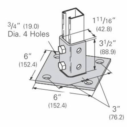 EATON B-Line B280SS4 Square Post Base, Centered/Offset Channel Position, 3-1/2 in H Base, For Use With 1-5/8 x 1-5/8 in B22 Series Channel, 304 Stainless Steel