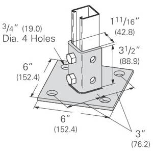 B-Line B280ZN Type U Square Post Base, 1 Channel, 45 deg Centered Offset Channel Position, 3-1/2 in H Base, For Use With 1-5/8 x 1-5/8 in B22 Series Channel, Steel