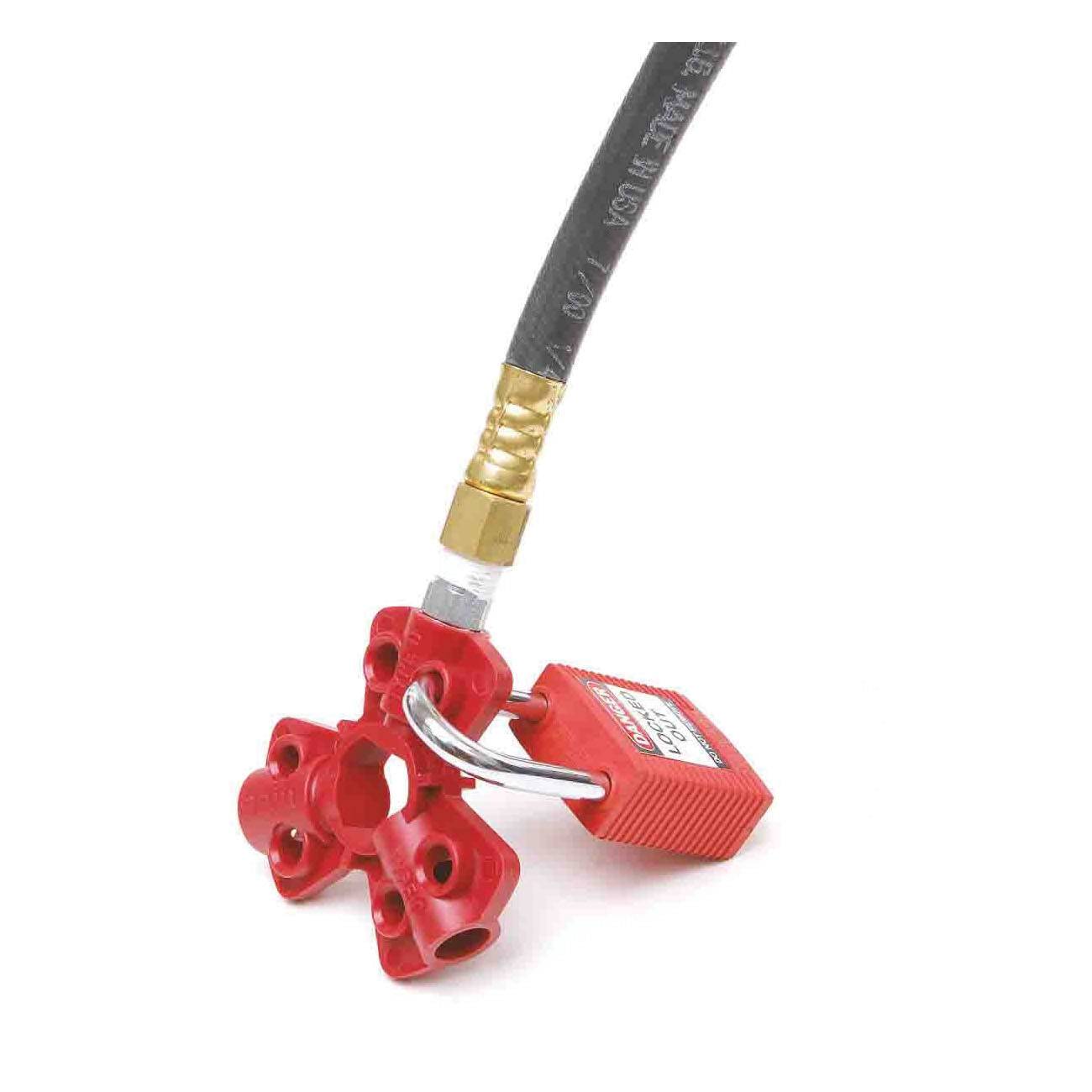 Brady® 64221 Quick-Disconnect Pneumatic Hose Lockout Device, Red, 0.31 in Dia Max Padlock Shackle, 6 Padlocks, Fiberglass Reinforced Nylon, 0.83 in L x 2.875 in W x 2.875 in H