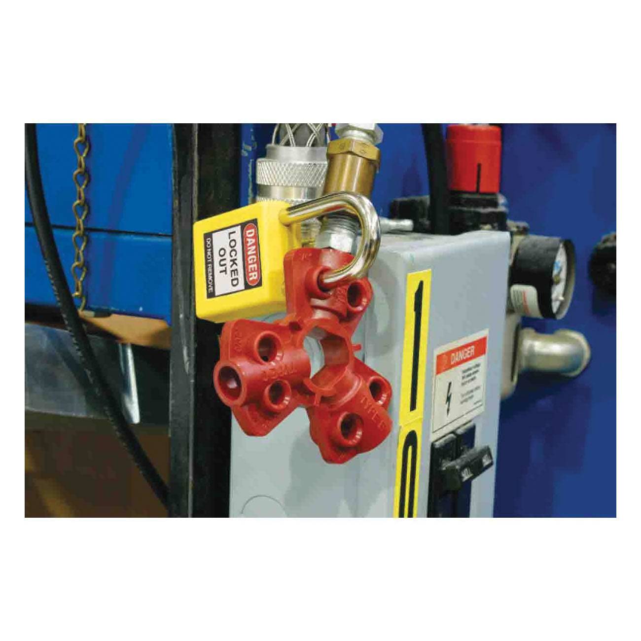 Brady® 64221 Quick-Disconnect Pneumatic Hose Lockout Device, Red, 0.31 in Dia Max Padlock Shackle, 6 Padlocks, Fiberglass Reinforced Nylon, 0.83 in L x 2.875 in W x 2.875 in H