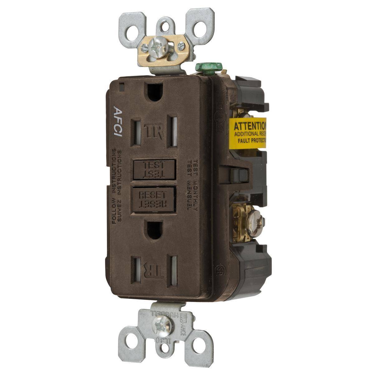 Wiring Device-Kellems AFR15TR Duplex Tamper-Resistant Arc Fault Receptacle, 125 VAC, 15 A, 2 Poles, 3 Wires, Brown