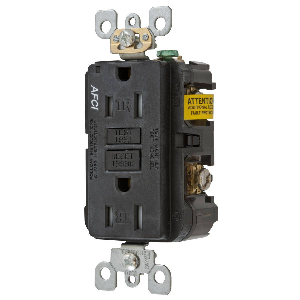 Wiring Device-Kellems AFR15TRBK Duplex Tamper-Resistant Arc Fault Receptacle, 125 VAC, 15 A, 2 Poles, 3 Wires, Black