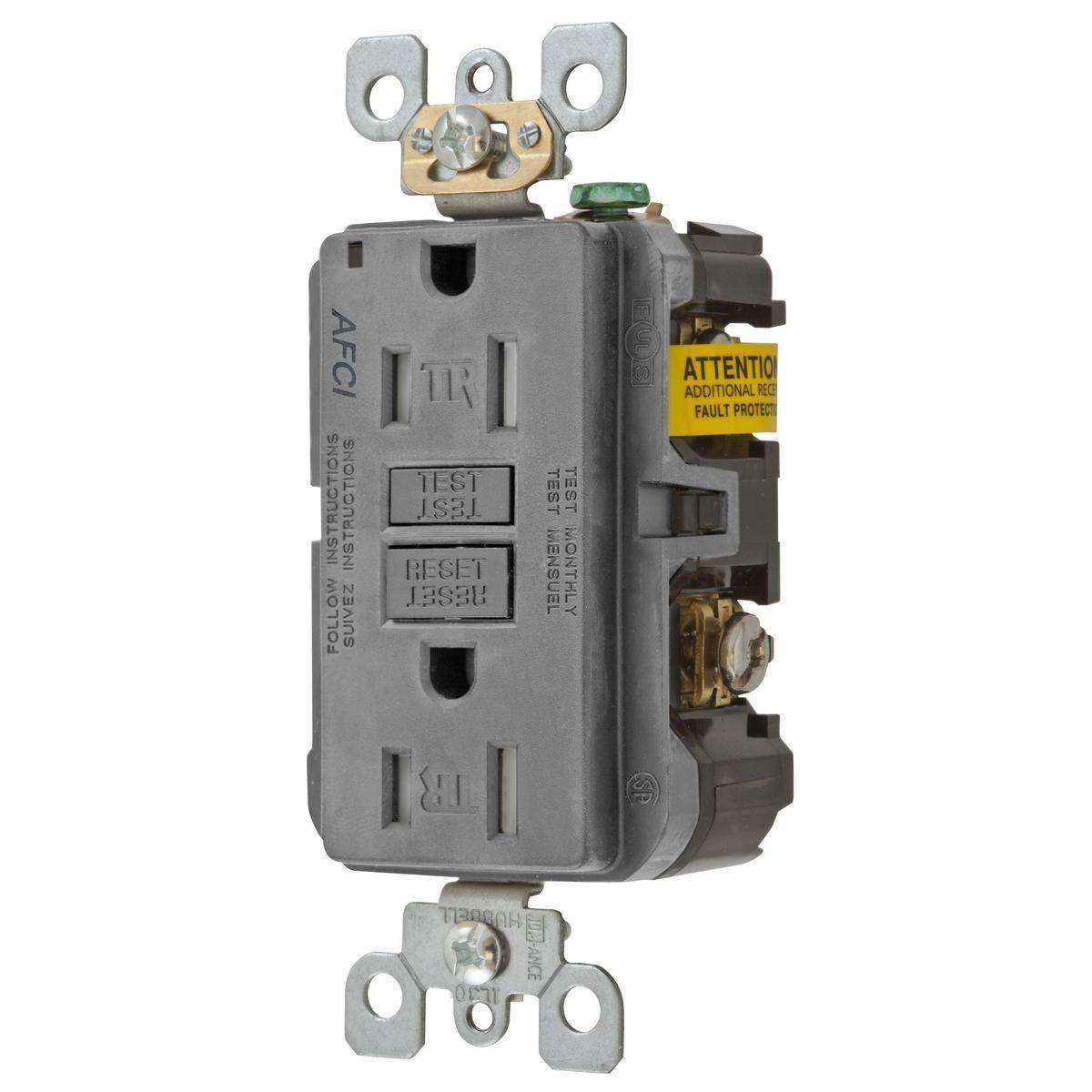 Wiring Device-Kellems AFR15TRGY Duplex Tamper-Resistant Arc Fault Receptacle, 125 VAC, 15 A, 2 Poles, 3 Wires, Gray