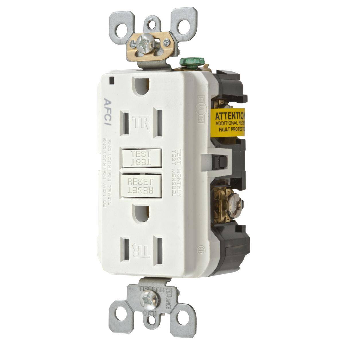 Wiring Device-Kellems AFR15TRW Decorator Duplex Standard Tamper Resistant Screw Mount Arc Fault Receptacle, 125 VAC, 15 A, 2 Poles, 3 Wires, White