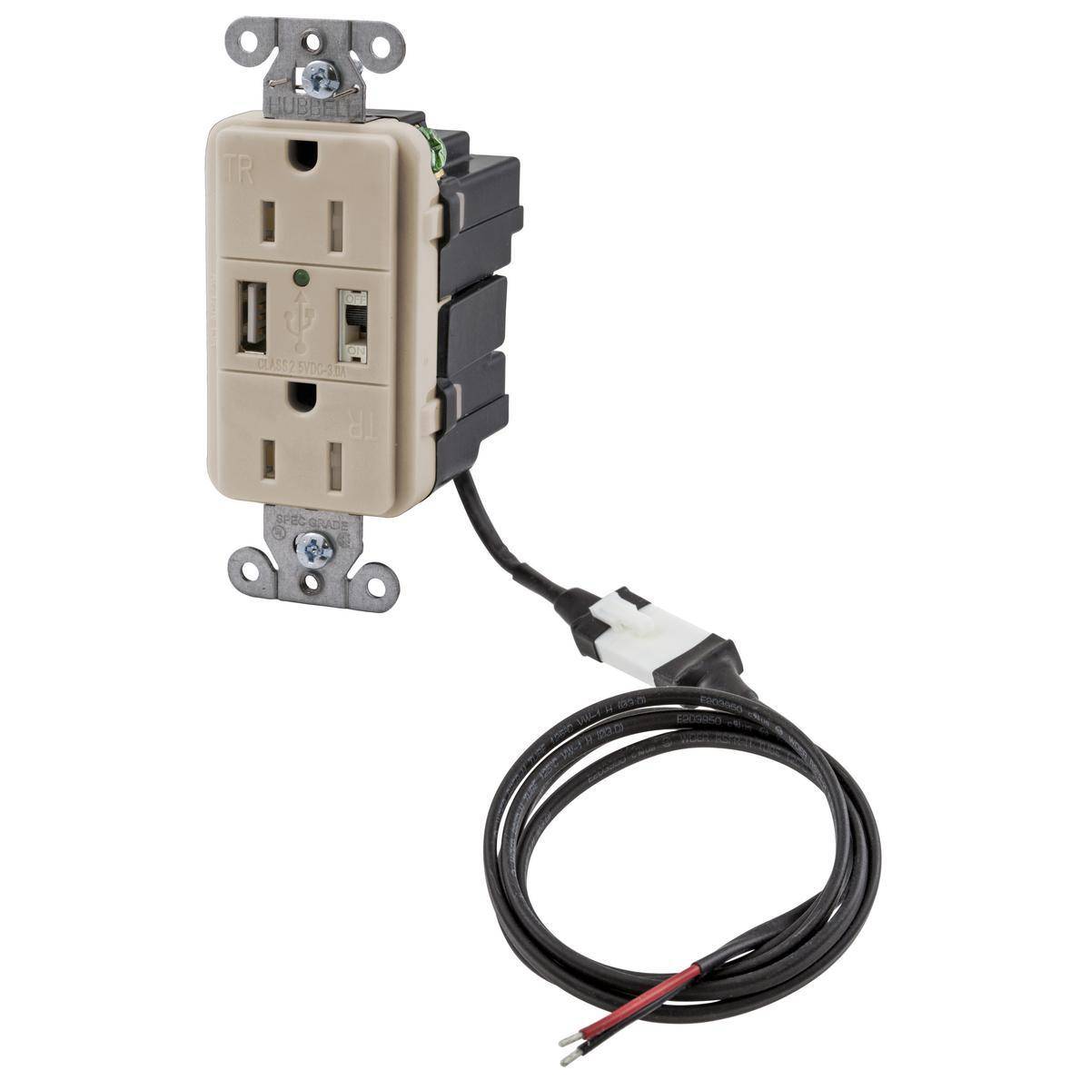 Wiring Device-Kellems iSTATION™ AVPS152LA Decorator Duplex Tamper-Resistant USB Charger Receptacle, 125 VAC, 15 A, Light Almond
