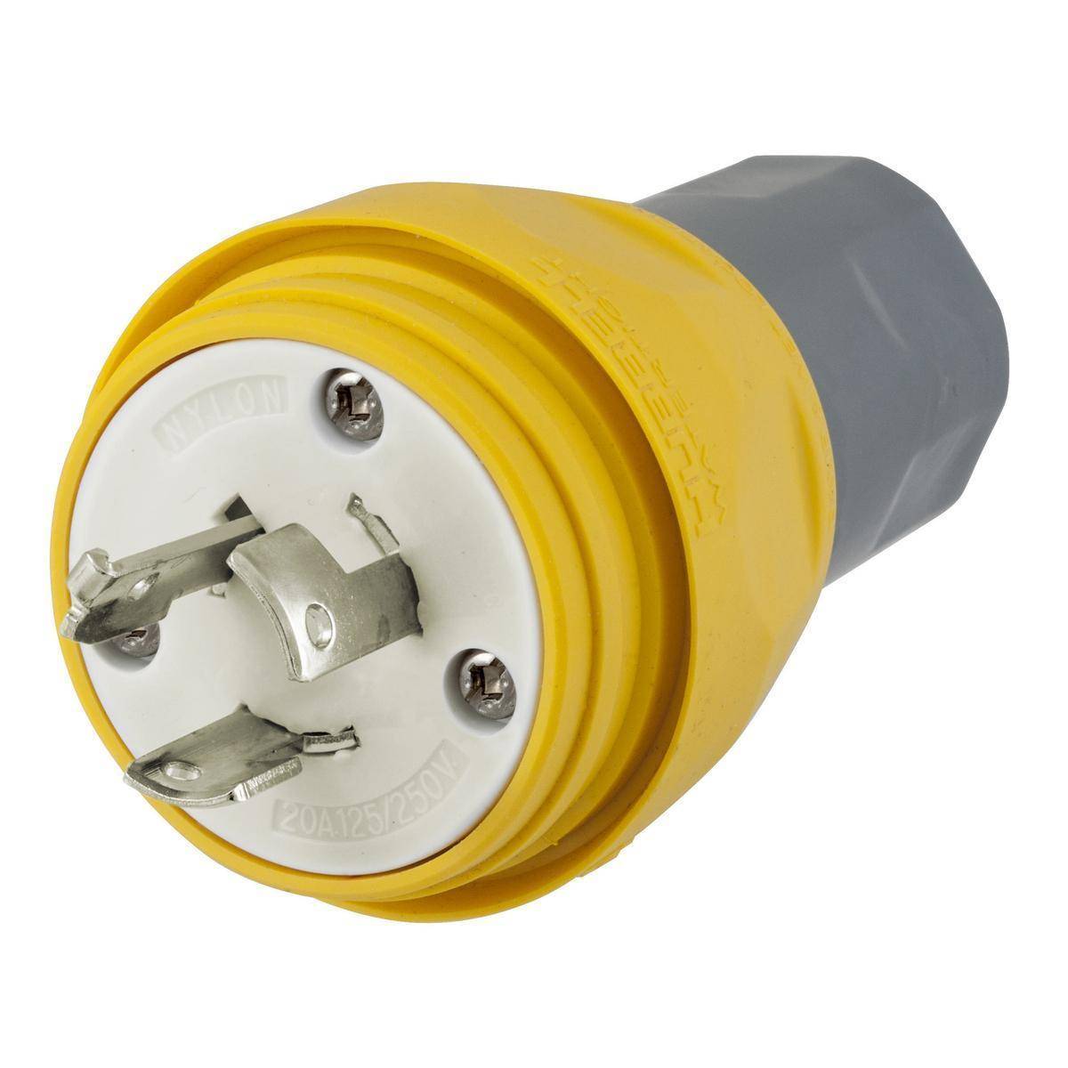 Wiring Device-Kellems Twist-Lock® Elastogrip® HBL26W08 1-Phase Non-Grounding Portable Standard Sized Watertight Cord Mount Male Plug, 125/250 VAC, 20 A, 3 Poles, 3 Wires, Yellow