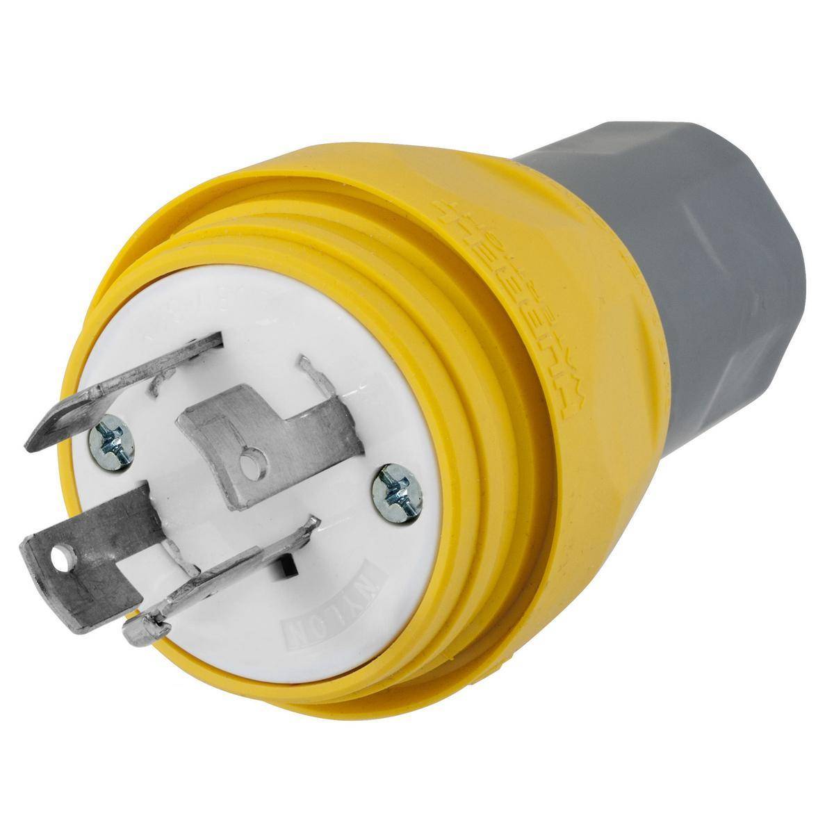 Wiring Device-Kellems HBL26W09 3-Phase Male Non-Grounding Standard Watertight Cord Mount Locking Plug, 120/208 VAC, 20 A, 4 Poles, 4 Wires, Yellow