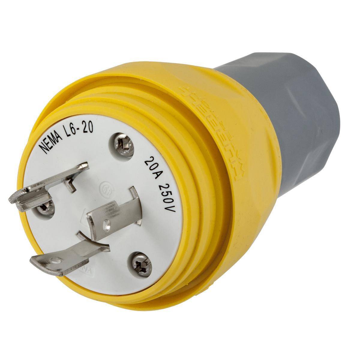 Wiring Device-Kellems Twist-Lock® HBL26W48 Non-Shrouded Watertight Locking Plug, 250 VAC, 20 A, 2 Poles, 3 Wires, Yellow