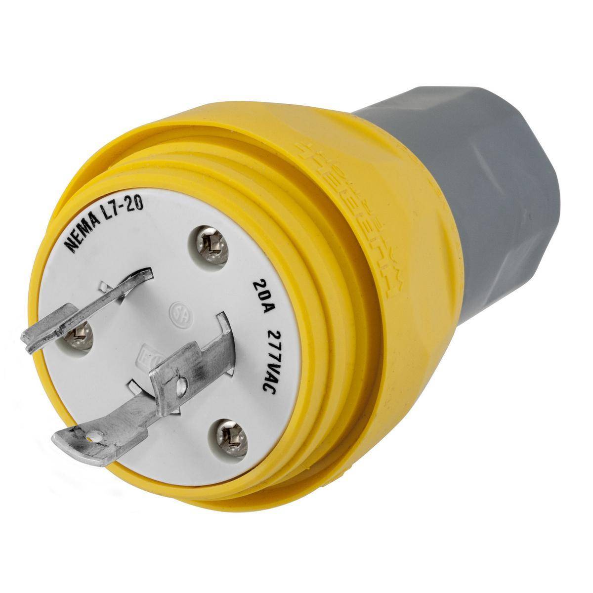Wiring Device-Kellems Twist-Lock® HBL26W49 1-Phase Grounding Male Standard Cord Mount Watertight Locking Plug, 277 VAC, 20 A, 2 Poles, 3 Wires, Yellow