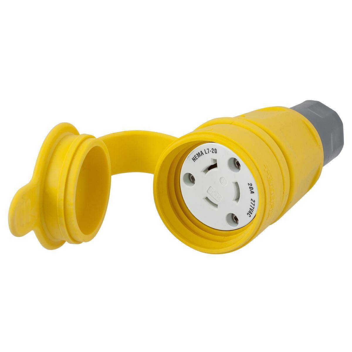 Wiring Device-Kellems HBL27W49 Female Grounding Insulated Standard Cord Mount Watertight Locking Connector, 277 VAC, 20 A, 2 Poles, 3 Wires, Yellow