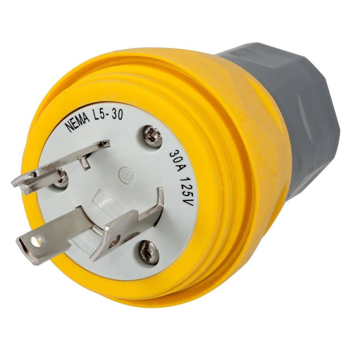 Wiring Device-Kellems HBL28W47 1-Phase Grounding Male Portable Water/Dust Tight Standard Sized Cord Mount Watertight Locking Plug, 125 VAC, 30 A, 2 Poles, 3 Wires, Yellow
