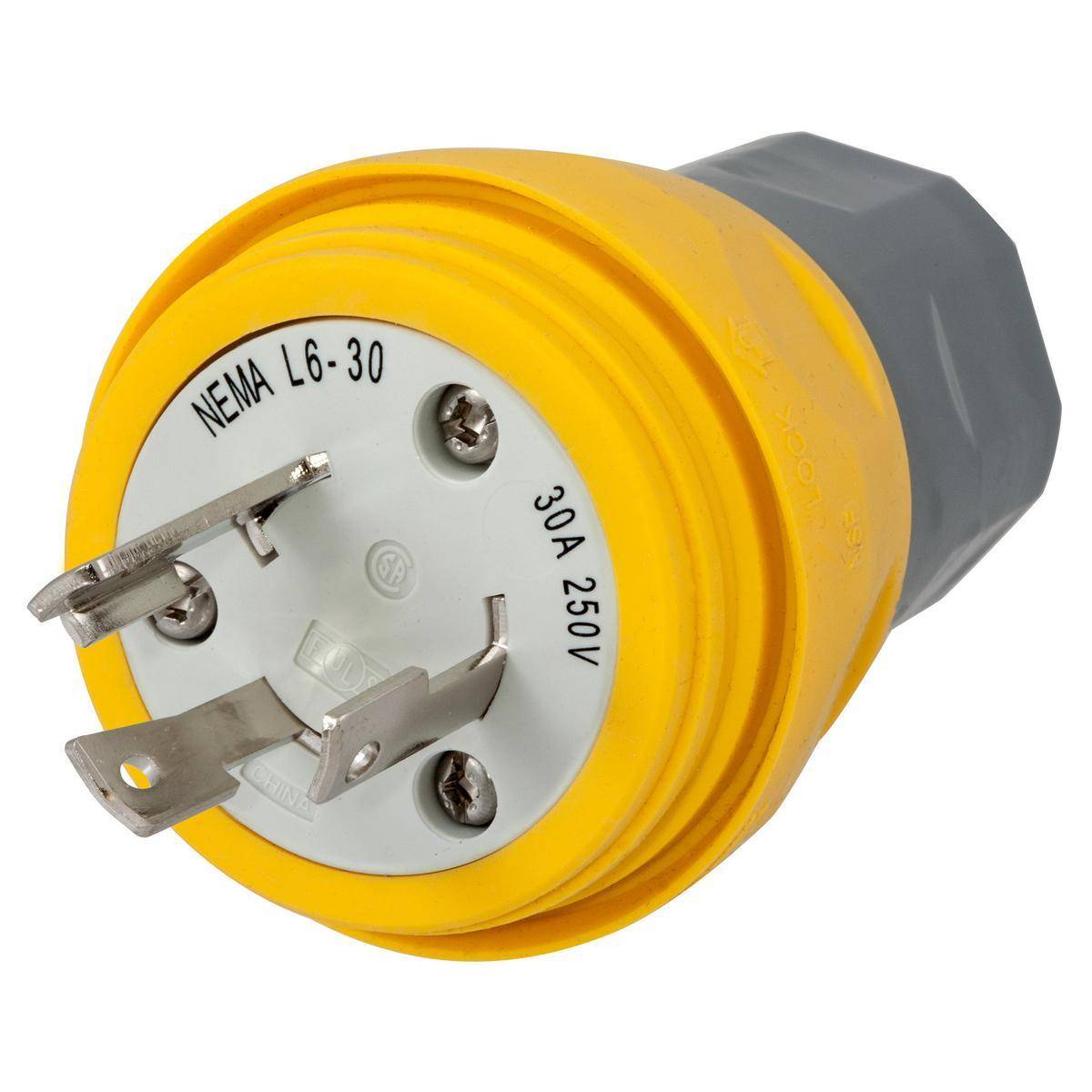 Wiring Device-Kellems HBL28W48 1-Phase Grounding Male Portable Water/Dust Tight Standard Sized Cord Mount Watertight Locking Plug, 250 VAC, 30 A, 2 Poles, 3 Wires, Yellow
