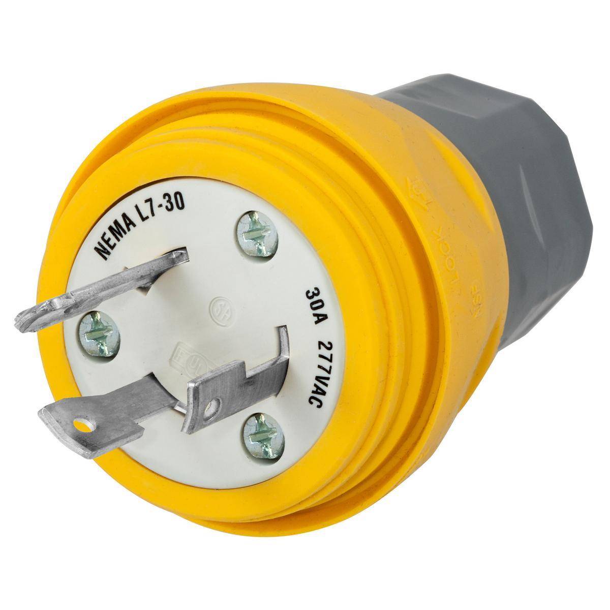 Wiring Device-Kellems HBL28W49 1-Phase Grounding Portable Standard Sized Water/Dust-Tight Cord Mount Locking Male Plug, 277 VAC, 30 A, 2 Poles, 3 Wires, Yellow