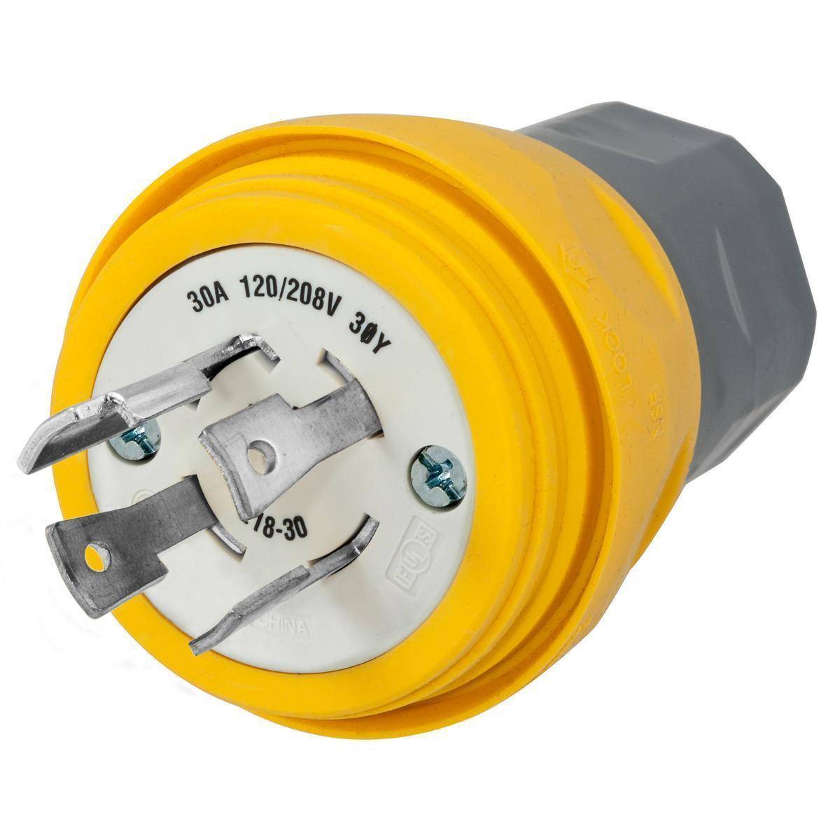 Wiring Device-Kellems HBL28W78 3-Phase Non-Grounding Portable Water/Dust Tight Standard Sized Cord Mount Locking Male Plug, 120/208 VAC, 30 A, 4 Poles, 4 Wires, Yellow