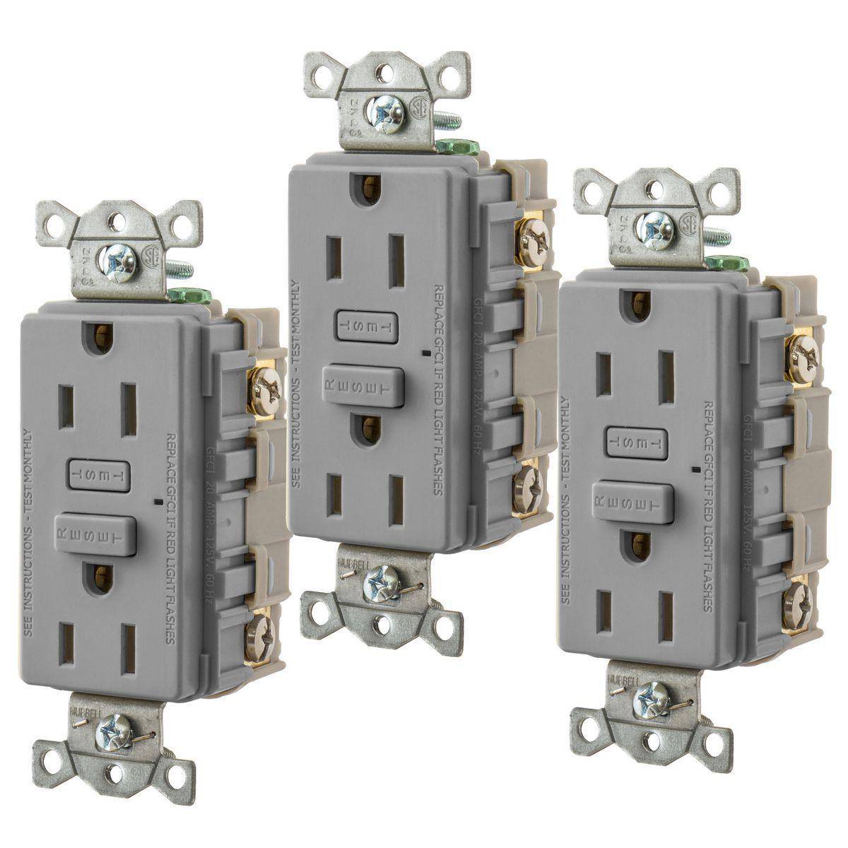 Wiring Device-Kellems Hubbell-PRO™ GF15GY3 Duplex Standard GFCI Receptacle, 125 VAC, 15 A, 2 Poles, 3 Wires, Gray
