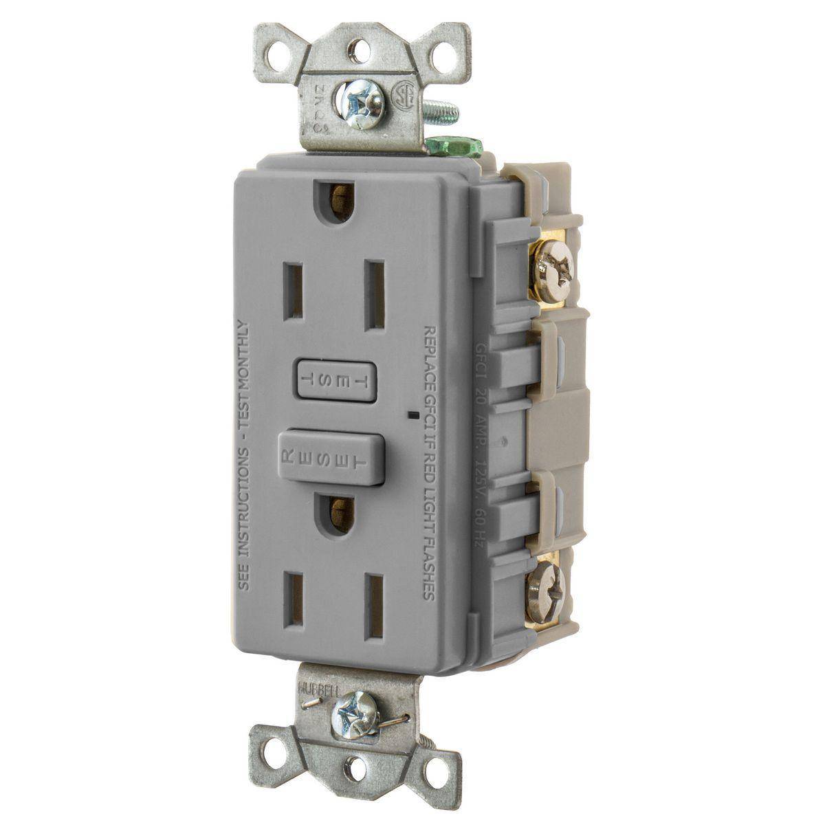 Bryant Electric Hubbell-Pro™ CIRCUITPRO® GF15GY 1-Phase Duplex Grounding Heavy Duty Self-Test Standard GFCI Receptacle, 125 VAC, 15 A, 2 Poles, 3 Wires, Gray