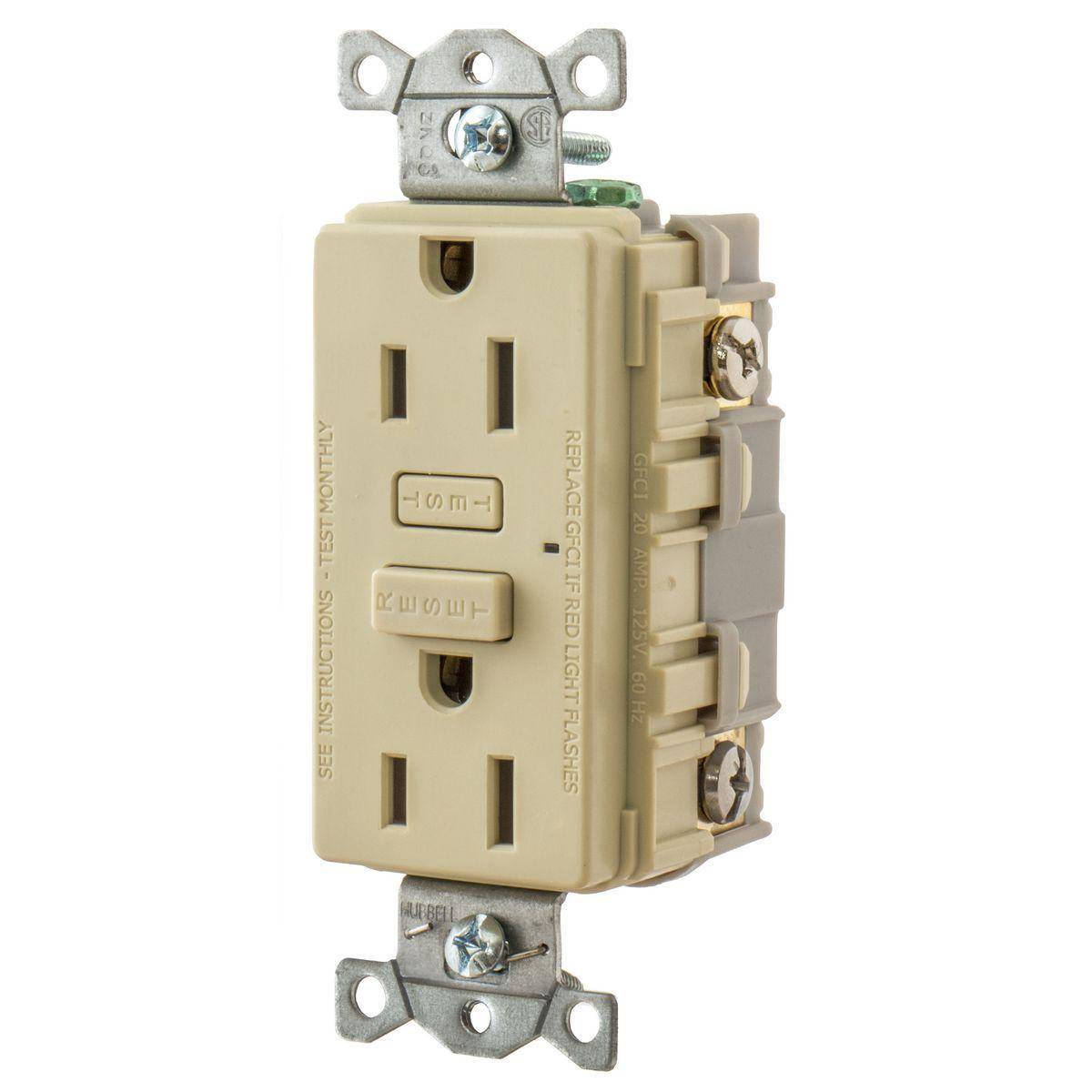 Wiring Device-Kellems Hubbell-PRO™ GF15I 1-Phase Duplex Grounding Standard Straight Blade Screw Mount GFCI Receptacle, 125 VAC, 15 A, 2 Poles, 3 Wires, Ivory