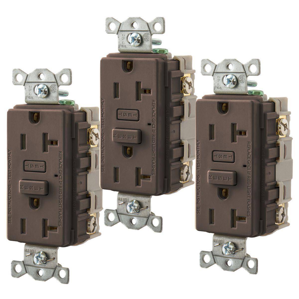 Bryant Electric CIRCUITPRO® GF203 Duplex Grounding Heavy Duty Self-Test Standard GFCI Receptacle, 125 VAC, 20 A, 2 Poles, 3 Wires, Brown