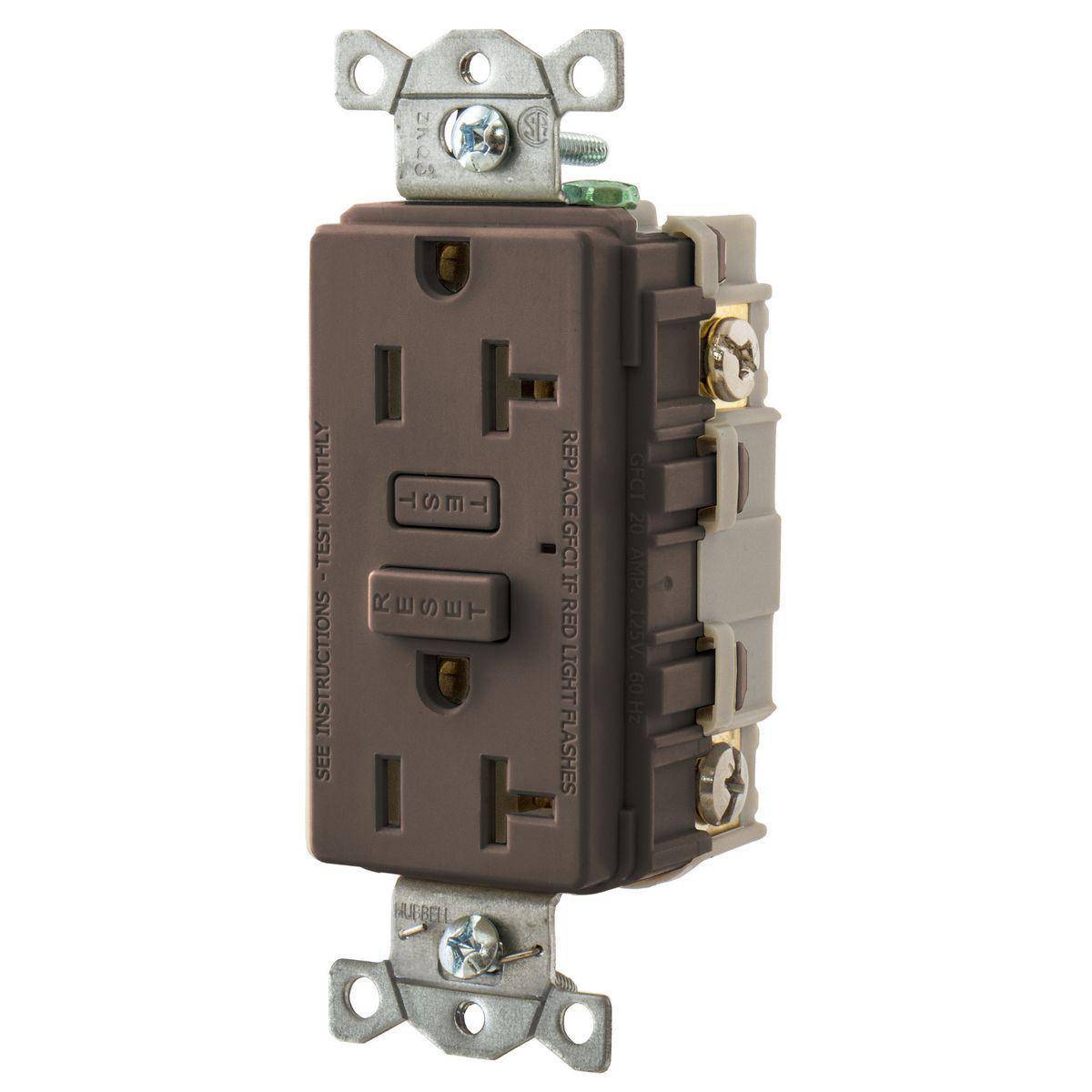 Wiring Device-Kellems Hubbell-PRO™ GF20 1-Phase Duplex Grounding Self-Test Standard Screw Mount GFCI Receptacle, 125 VAC, 20 A, 2 Poles, 3 Wires, Brown