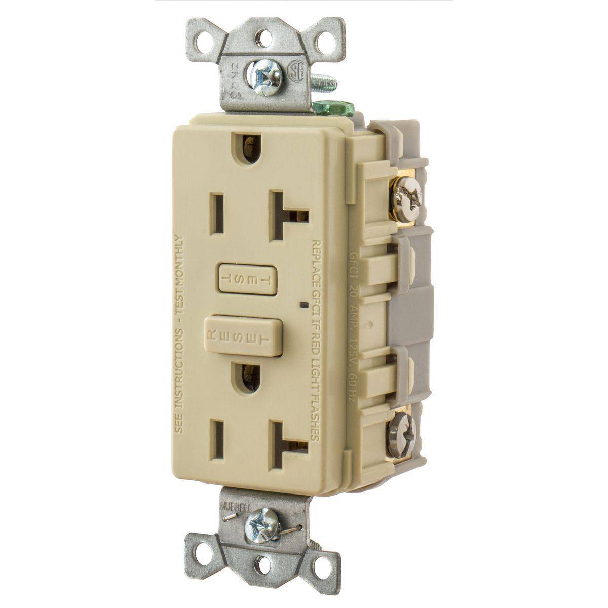 Bryant Electric Hubbell-Pro™ CIRCUITPRO® GF20I 1-Phase Duplex Grounding Heavy Duty Self-Test Standard GFCI Receptacle, 125 VAC, 20 A, 2 Poles, 3 Wires, Ivory