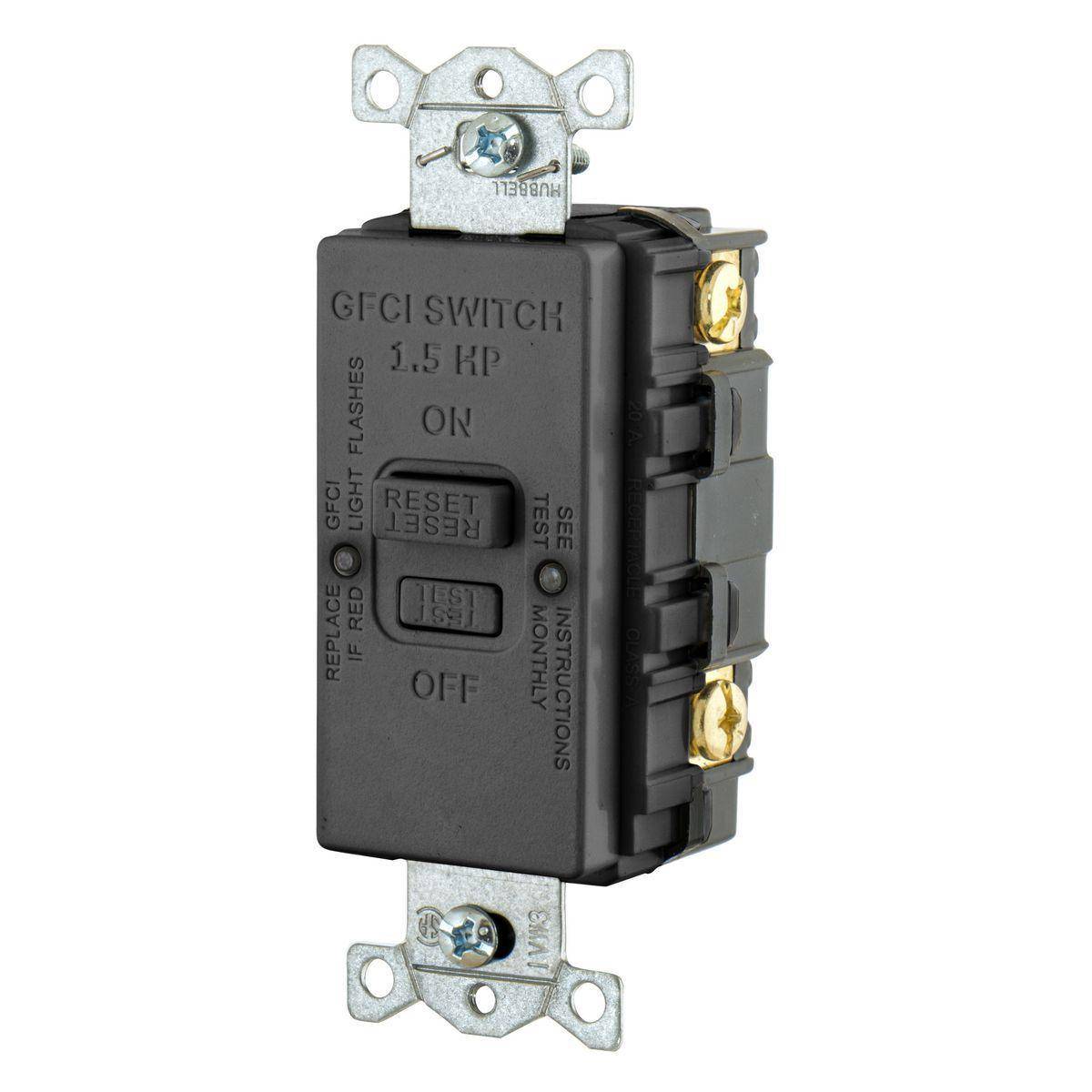 Bryant Electric GFBFHP20BK 1-Phase HP Rated Insulated Standard Blank Face GFCI Receptacle, 125 VAC, 20 A, 3 Wires, Black