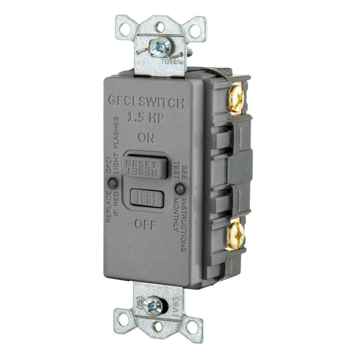 Bryant Electric GFBFHP20GY 1-Phase HP Rated Insulated Standard Blank Face GFCI Receptacle, 125 VAC, 20 A, 3 Wires, Gray