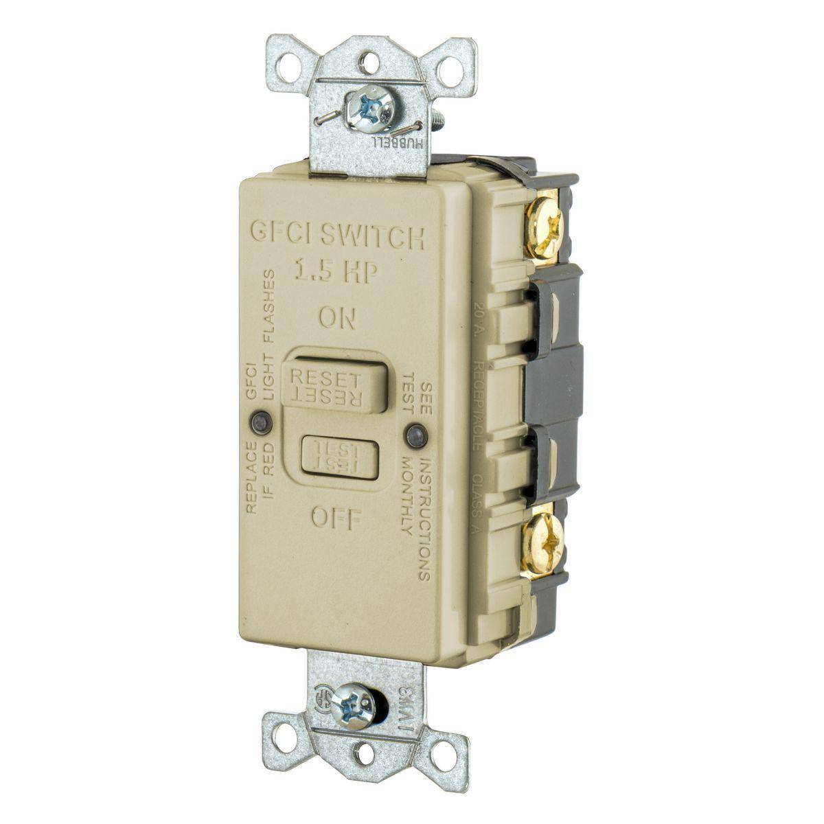 Bryant Electric GFBFHP20I 1-Phase HP Rated Insulated Standard Blank Face GFCI Receptacle, 125 VAC, 20 A, 3 Wires, Ivory