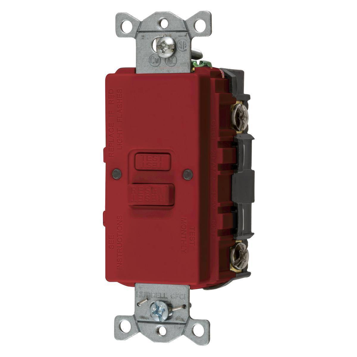 Bryant Electric AUTOGUARD® Style Line® GFBFST20R 1-Phase Auto Grounding Decorator Duplex Self-Test Standard Blank Face GFCI Receptacle, 125 VAC, 20 A, 2 Poles, 3 Wires, Red