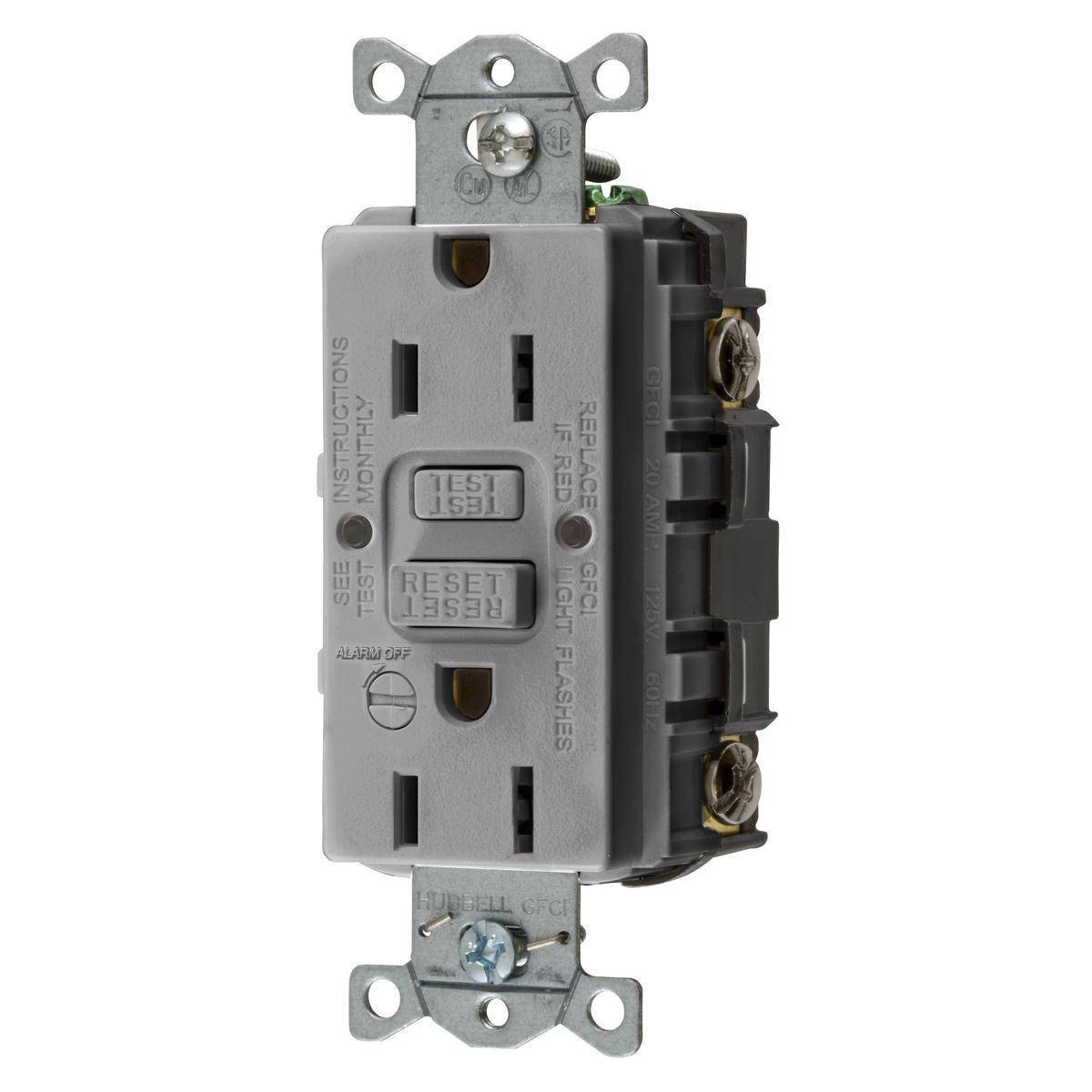 Wiring Device-Kellems AUTOGUARD® Style Line® GFRST15GYB 1-Phase Duplex Grounding Heavy Duty Self-Test Standard Screw Mount GFCI Receptacle With Alarm, 125 VAC, 15 A, 2 Poles, 3 Wires, Gray