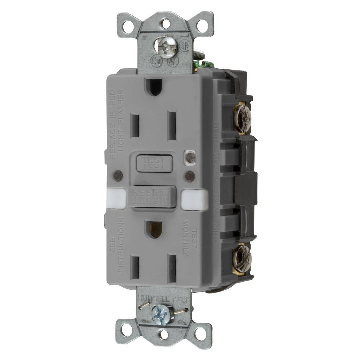 Wiring Device-Kellems GFRST15GYNL Decorator Duplex Grounding Heavy Duty Standard Self-Test Straight Blade GFCI Receptacle, 125 VAC, 15 A, 2 Poles, 3 Wires, Gray
