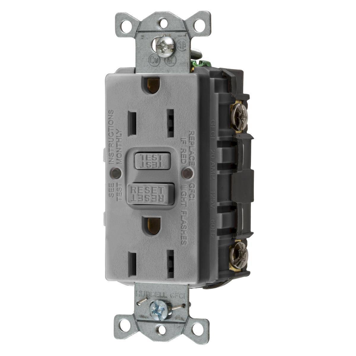 Bryant Electric CIRCUITPRO® GFRST15GY 1-Phase Decorator Duplex Grounding Heavy Duty Self-Test Standard GFCI Receptacle, 125 VAC, 15 A, 2 Poles, 3 Wires, Gray