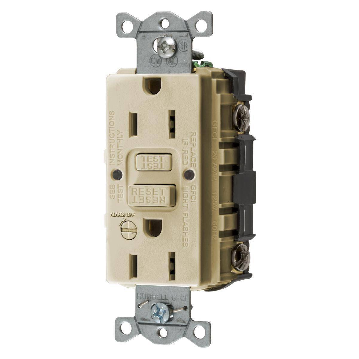 Bryant Electric CIRCUITPRO® GFRST15IB Grounding Heavy Duty Self-Test Standard GFCI Receptacle With Alarm, 125 VAC, 15 A, 2 Poles, 3 Wires, Ivory