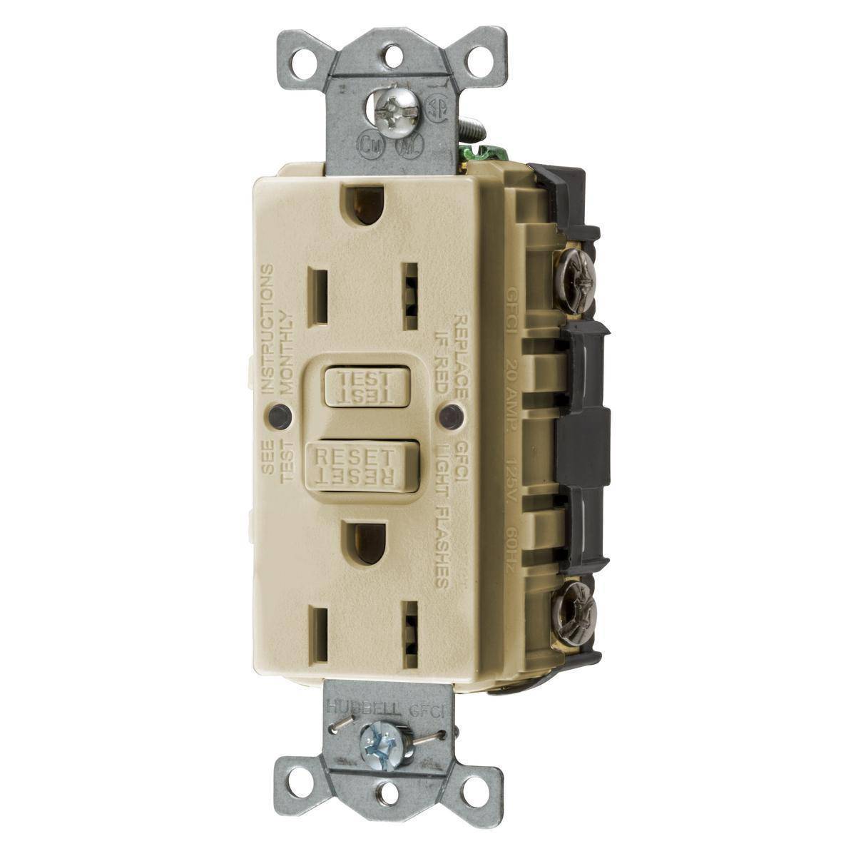 Bryant Electric AUTOGUARD® GFRST15IBULK 1-Phase Auto Grounding Heavy Duty Self-Test Standard GFCI Receptacle With Alarm, 125 VAC, 15 A, 2 Poles, 3 Wires, Ivory