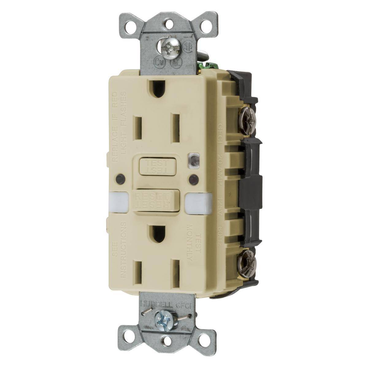Wiring Device-Kellems AUTOGUARD® Style Line® GFRST15INL 1-Phase Decorator Duplex Grounding Heavy Duty Standard Self-Test Straight Blade Screw Mount GFCI Receptacle With Two LED Nightlight, 125 VAC, 15 A, 2 Poles, 3 Wires, Ivory