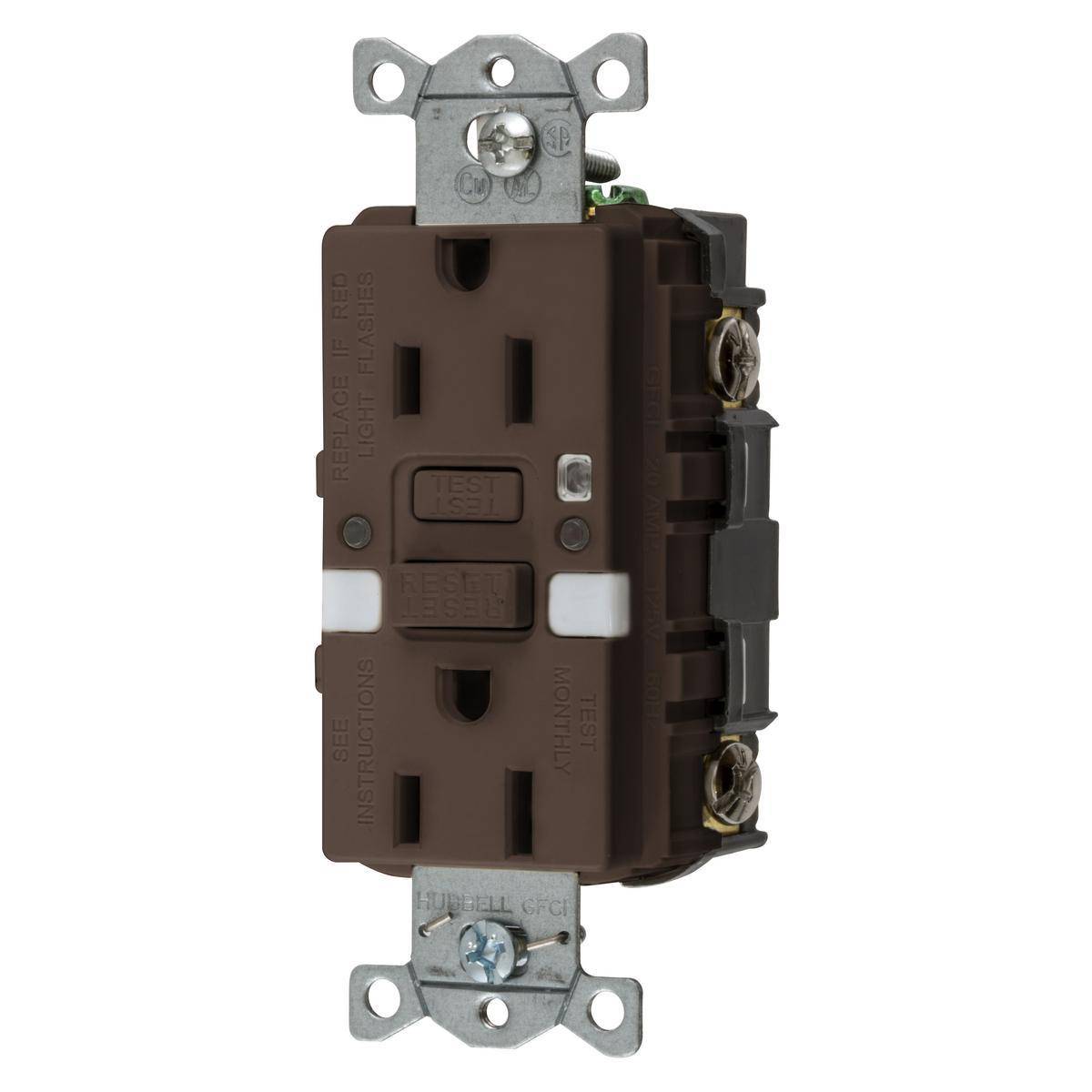 Wiring Device-Kellems GFRST15NL Decorator Duplex Grounding Heavy Duty Standard Self-Test Straight Blade GFCI Receptacle, 125 VAC, 15 A, 2 Poles, 3 Wires, Brown