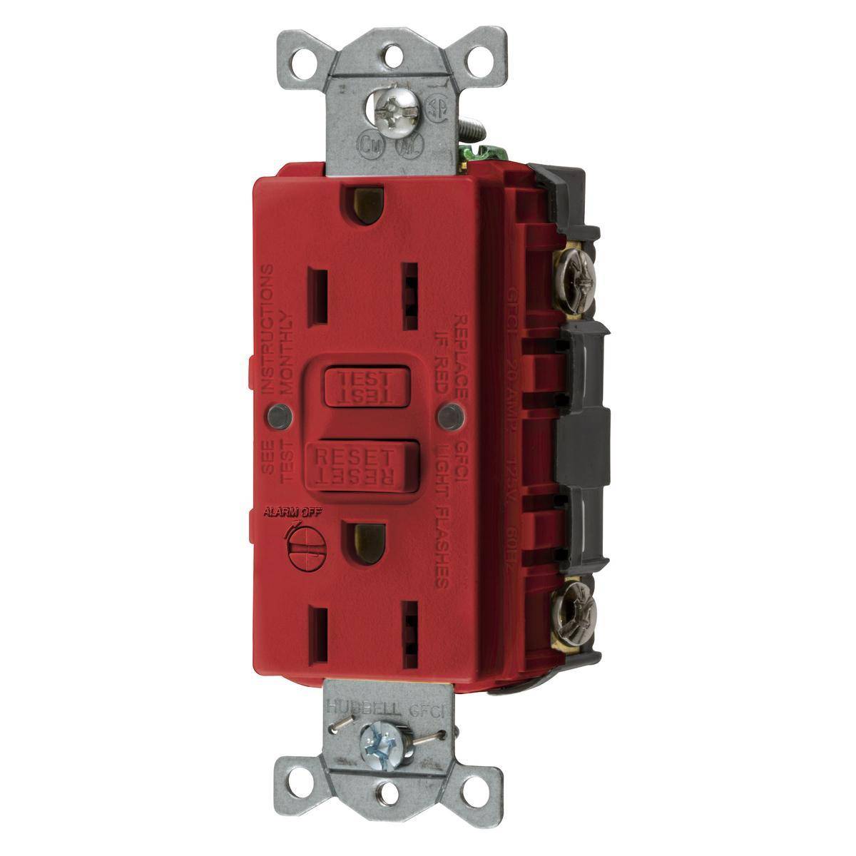 Wiring Device-Kellems AUTOGUARD® Style Line GFRST15RB Duplex Heavy Duty Self-Test Standard Straight Blade GFCI Receptacle With Alarm, 125 VAC, 15 A, 2 Poles, 3 Wires, Red